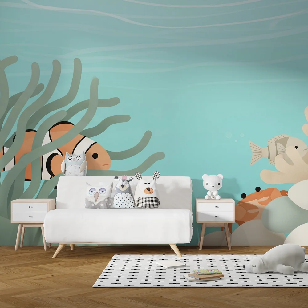 Papel de parede quarto bebê | Submarino e amigos coloridos