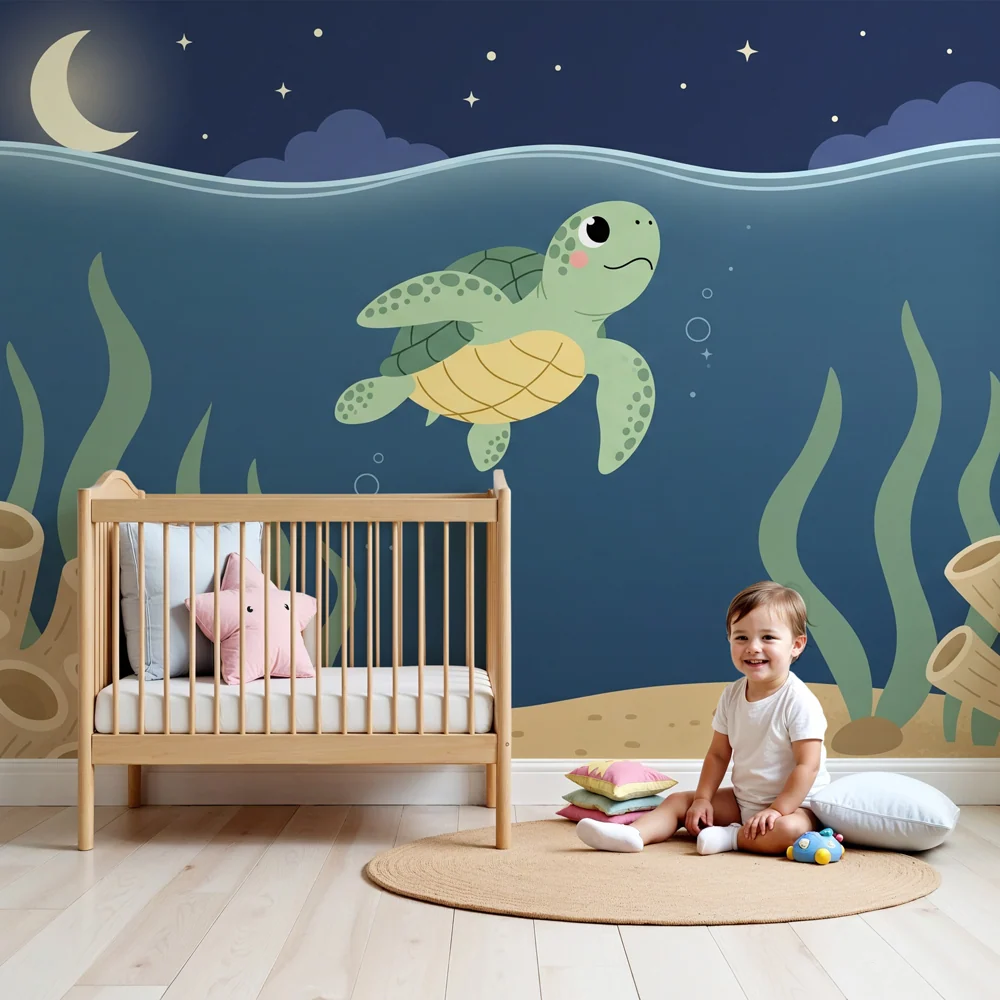 Papel de parede quarto bebê | Tartaruga nadando sob o mar