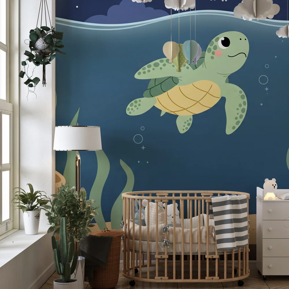 Papel de parede quarto bebê | Tartaruga nadando sob o mar
