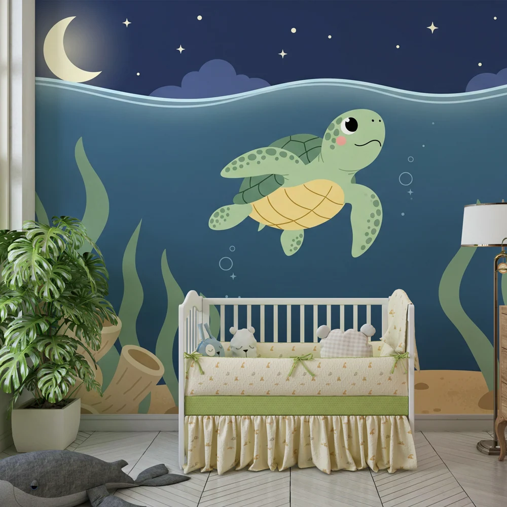 Papel de parede quarto bebê | Tartaruga nadando sob o mar