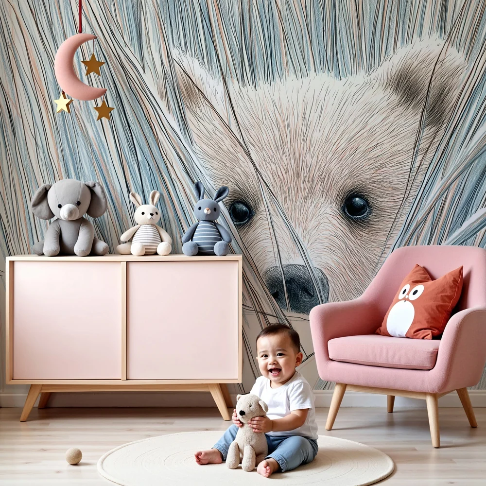 Papel de parede quarto bebê | Urso escondido nas ervas