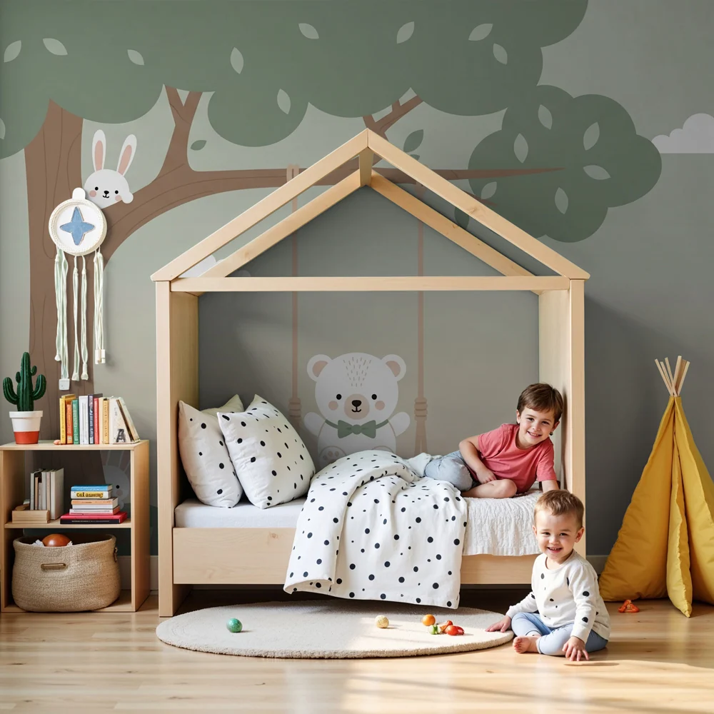 Papel de parede quarto bebê | Urso fofo e amigos da floresta