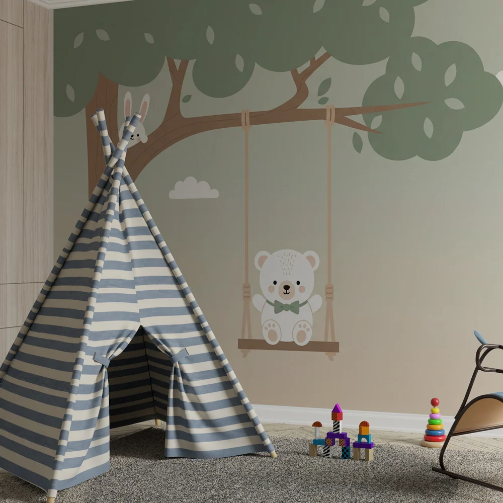 Papel de parede quarto bebê | Urso fofo e amigos da floresta