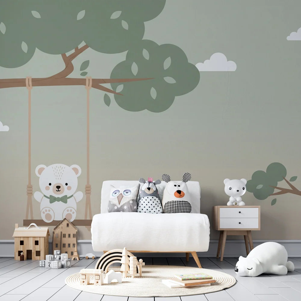 Papel de parede quarto bebê | Urso fofo e amigos da floresta