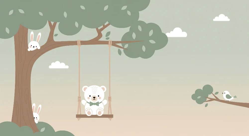 Papel de parede quarto bebê | Urso fofo e amigos da floresta