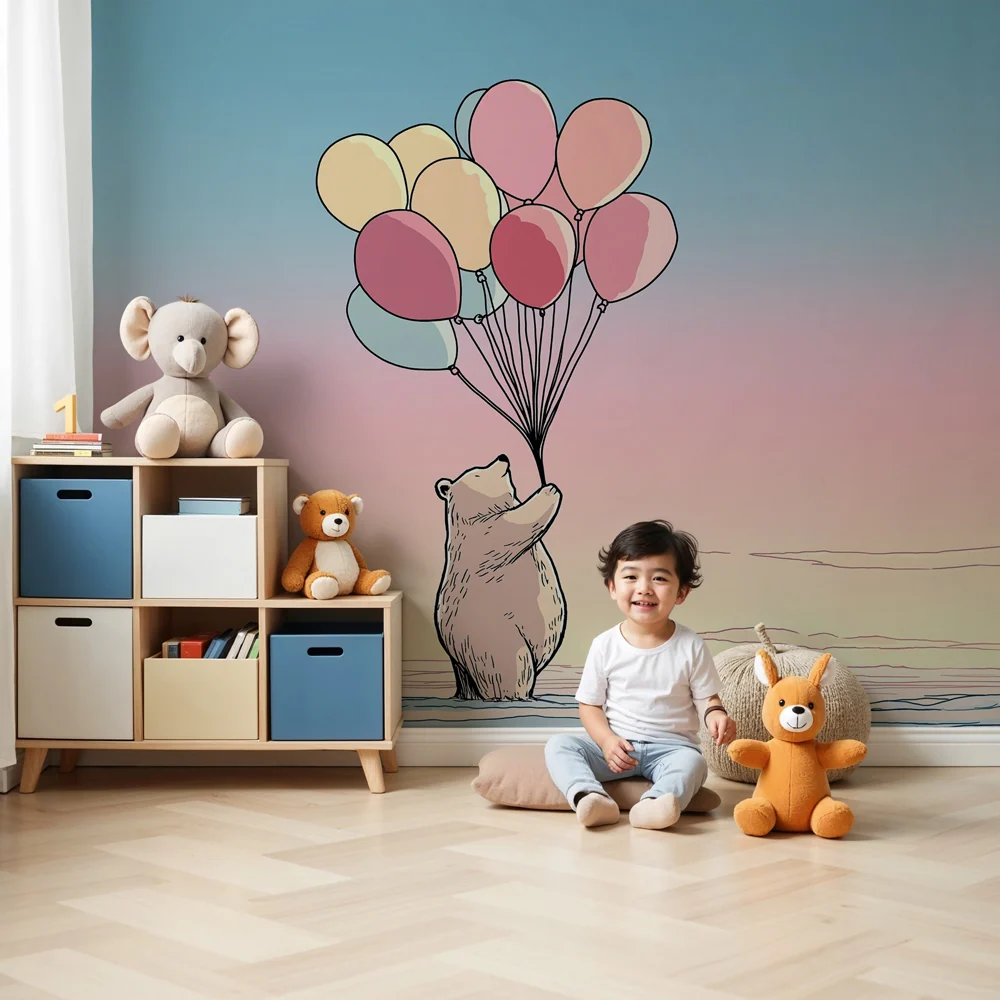 Papel de parede quarto bebê | Urso sonhador com balões coloridos