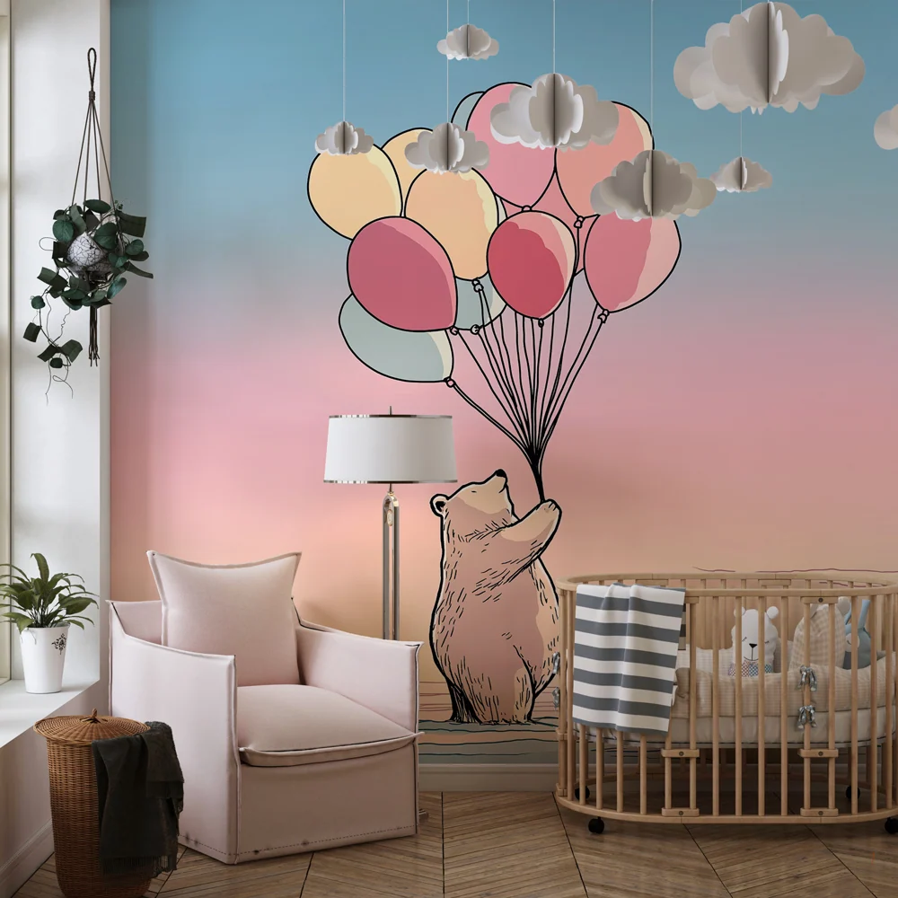 Papel de parede quarto bebê | Urso sonhador com balões coloridos