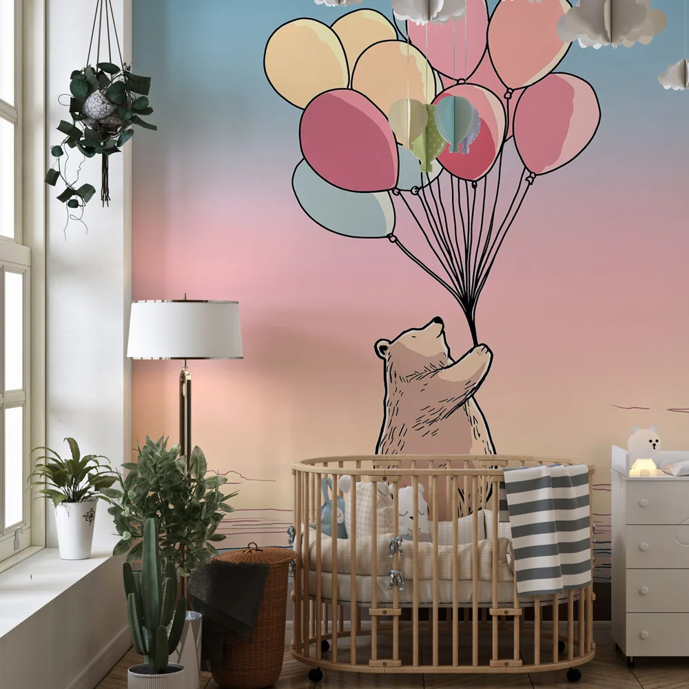 Papel de parede quarto bebê | Urso sonhador com balões coloridos