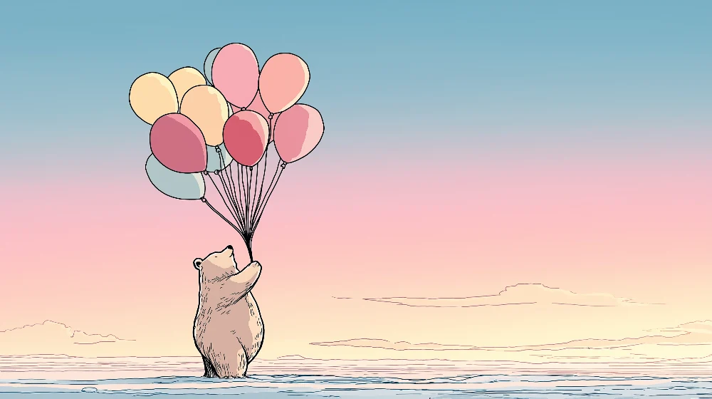 Papel de parede quarto bebê | Urso sonhador com balões coloridos