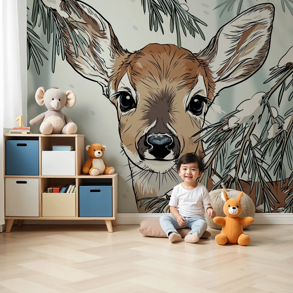 Papel de parede quarto bebê | Veado curioso no coração da floresta