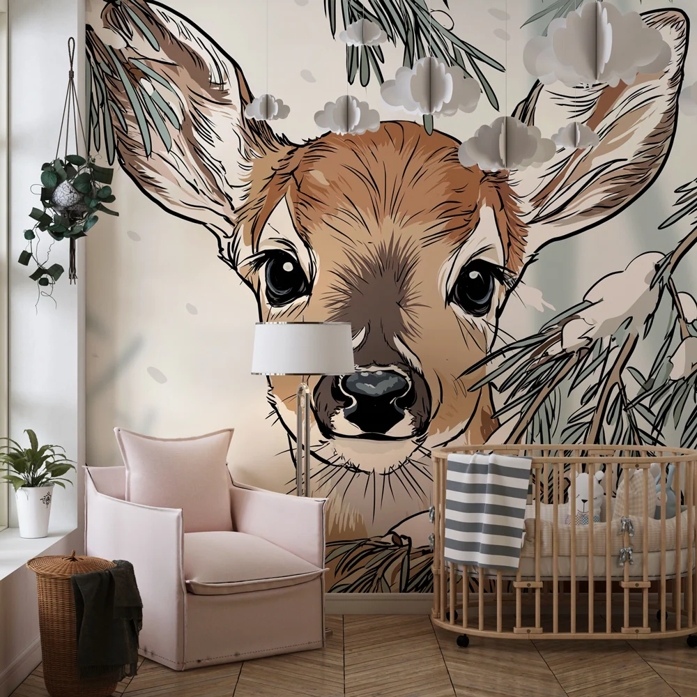 Papel de parede quarto bebê | Veado curioso no coração da floresta