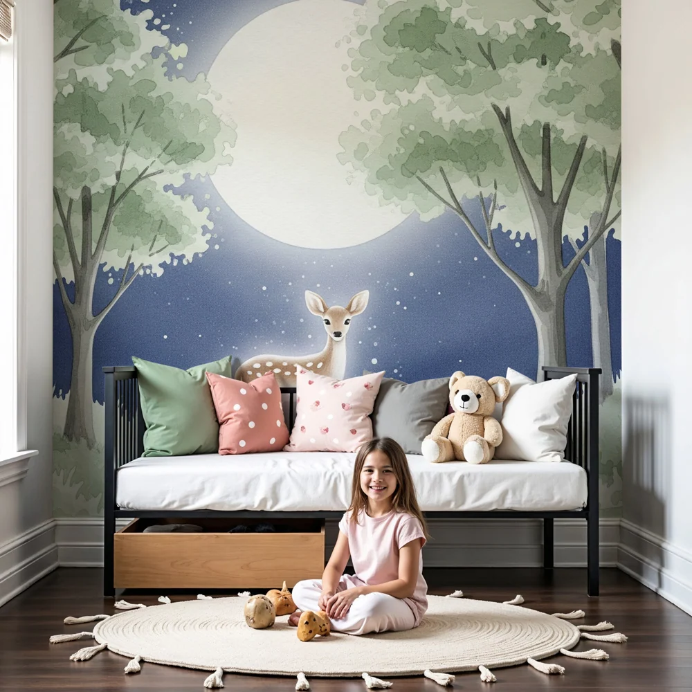 Papel de parede quarto bebê | Veado sob lua em uma floresta tranquila