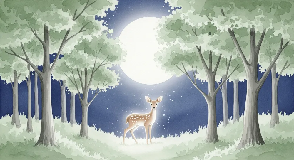 Papel de parede quarto bebê | Veado sob lua em uma floresta tranquila