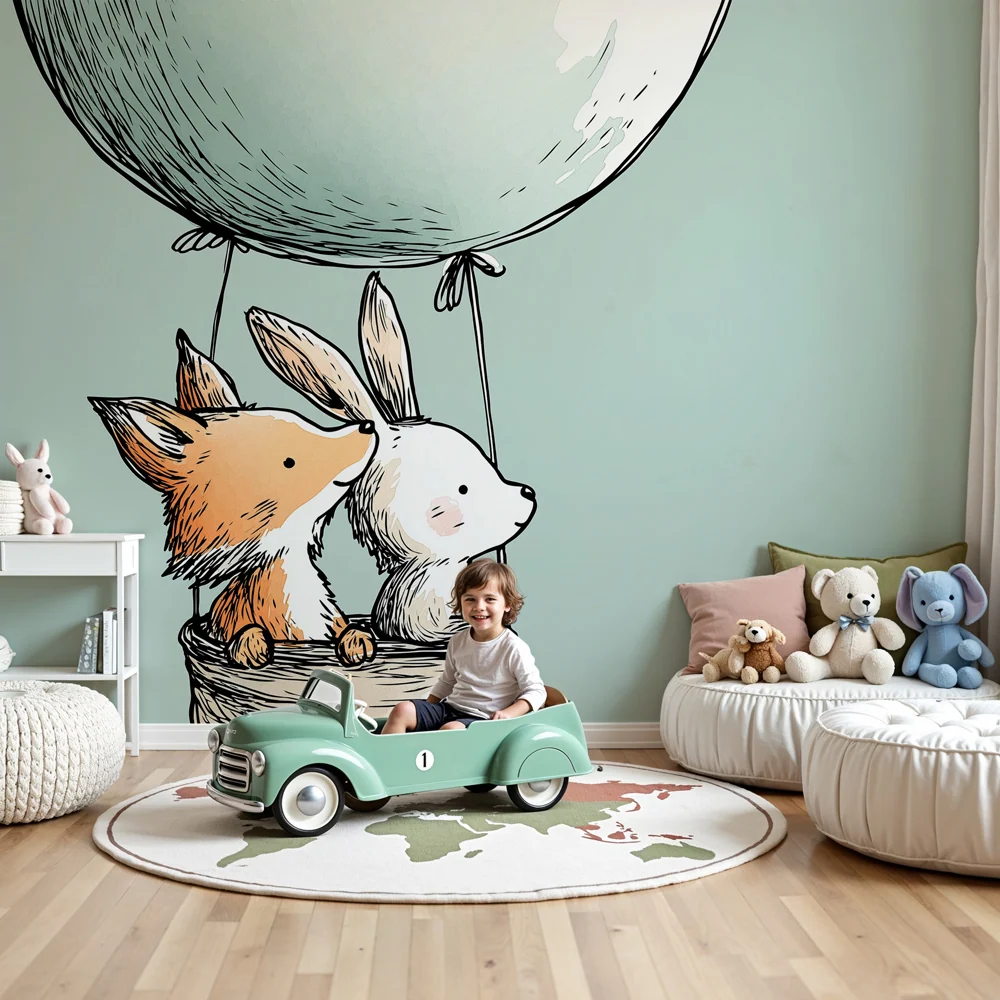 Papel de parede quarto bebê | Viagem de balão de ar quente com animais