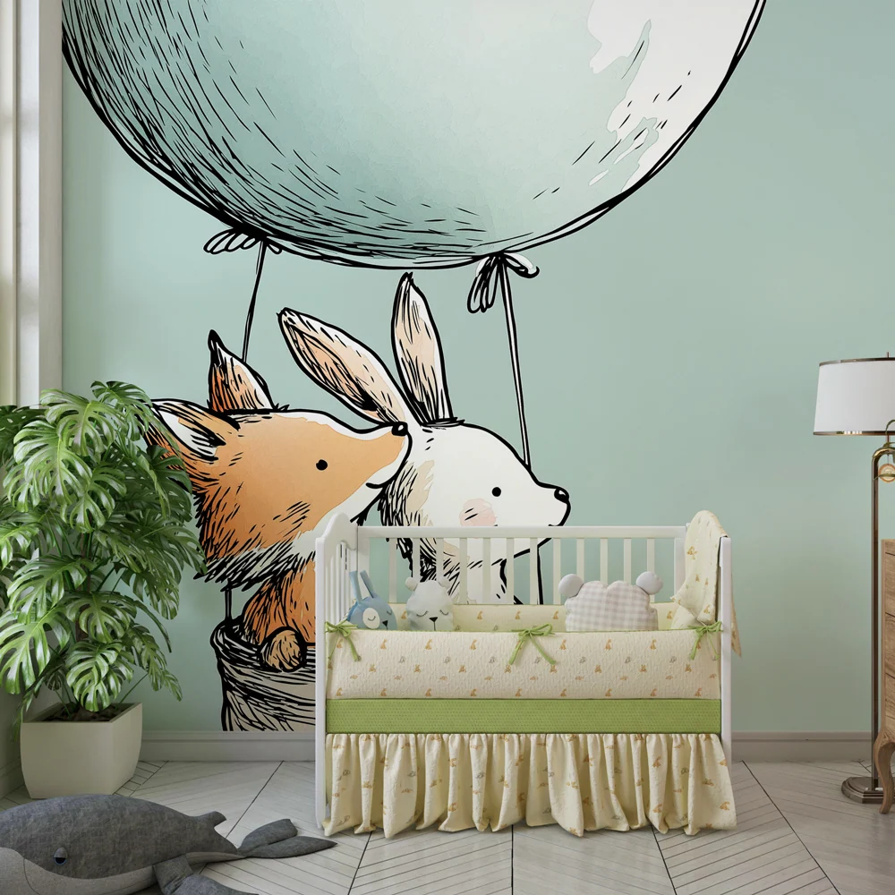 Papel de parede quarto bebê | Viagem de balão de ar quente com animais