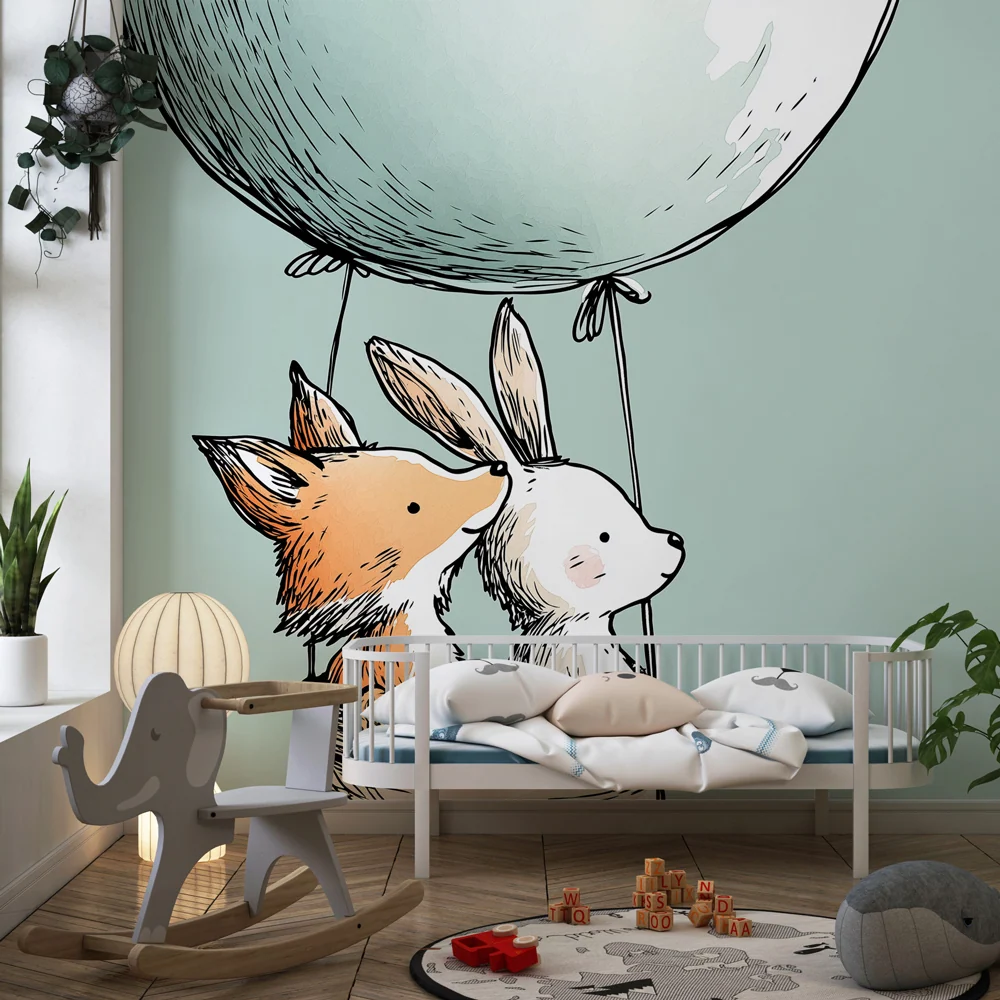 Papel de parede quarto bebê | Viagem de balão de ar quente com animais
