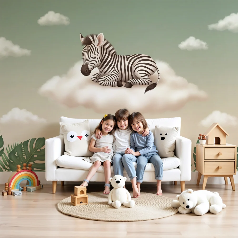 Papel de parede quarto bebê | Zebra em uma nuvem e selva tropical