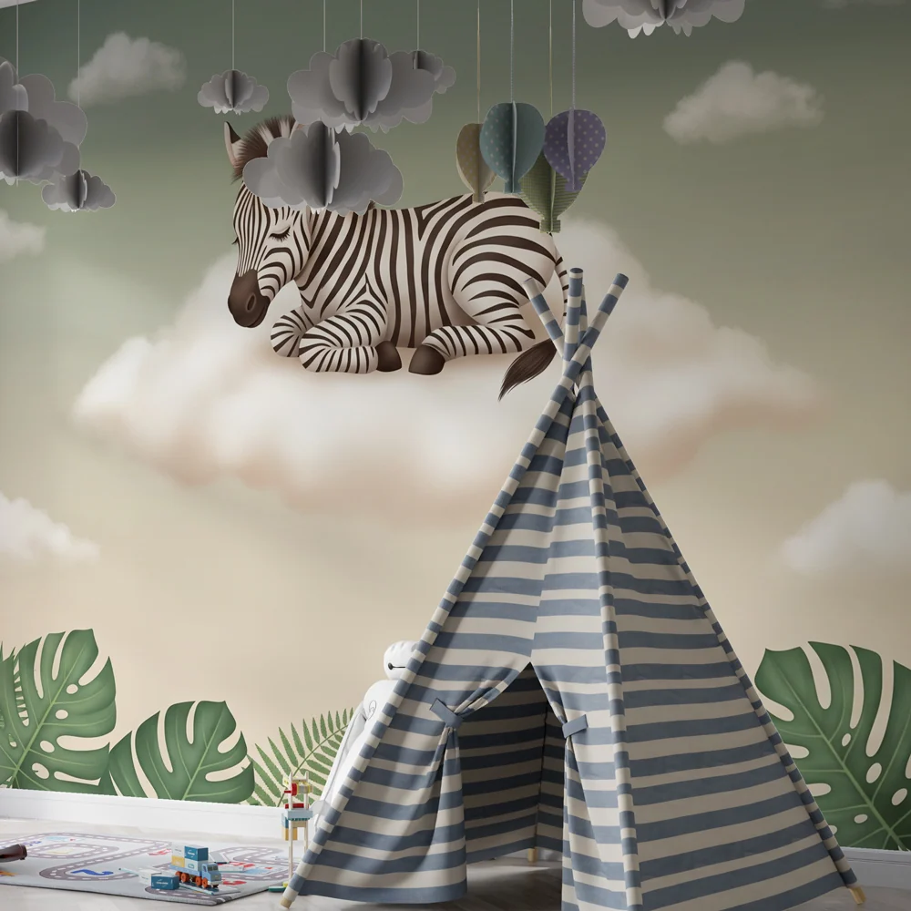 Papel de parede quarto bebê | Zebra em uma nuvem e selva tropical