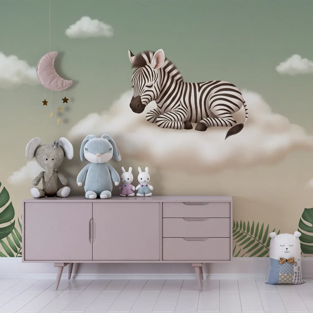 Papel de parede quarto bebê | Zebra em uma nuvem e selva tropical