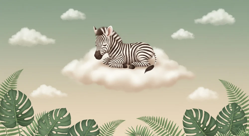 Papel de parede quarto bebê | Zebra em uma nuvem e selva tropical