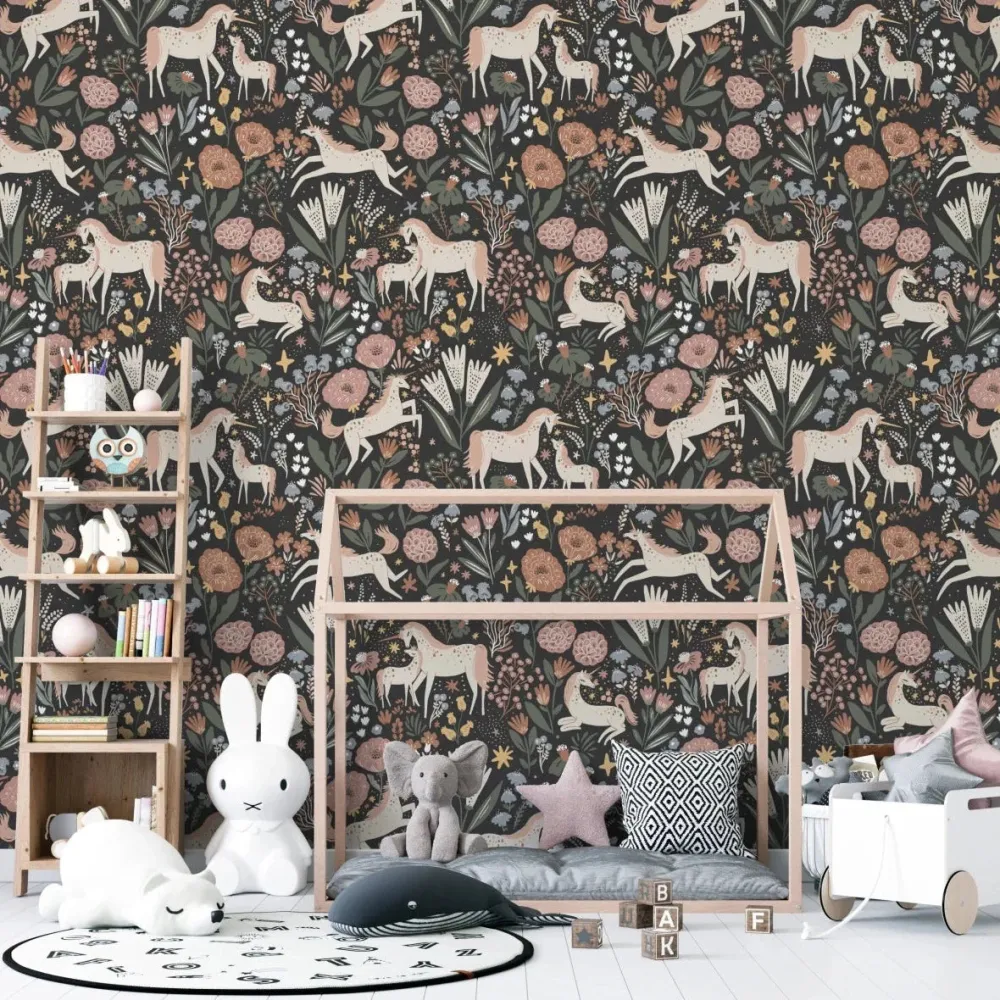 Papel de Parede Quarto Infantil com Padrão Repetido - Prado Unicórnio