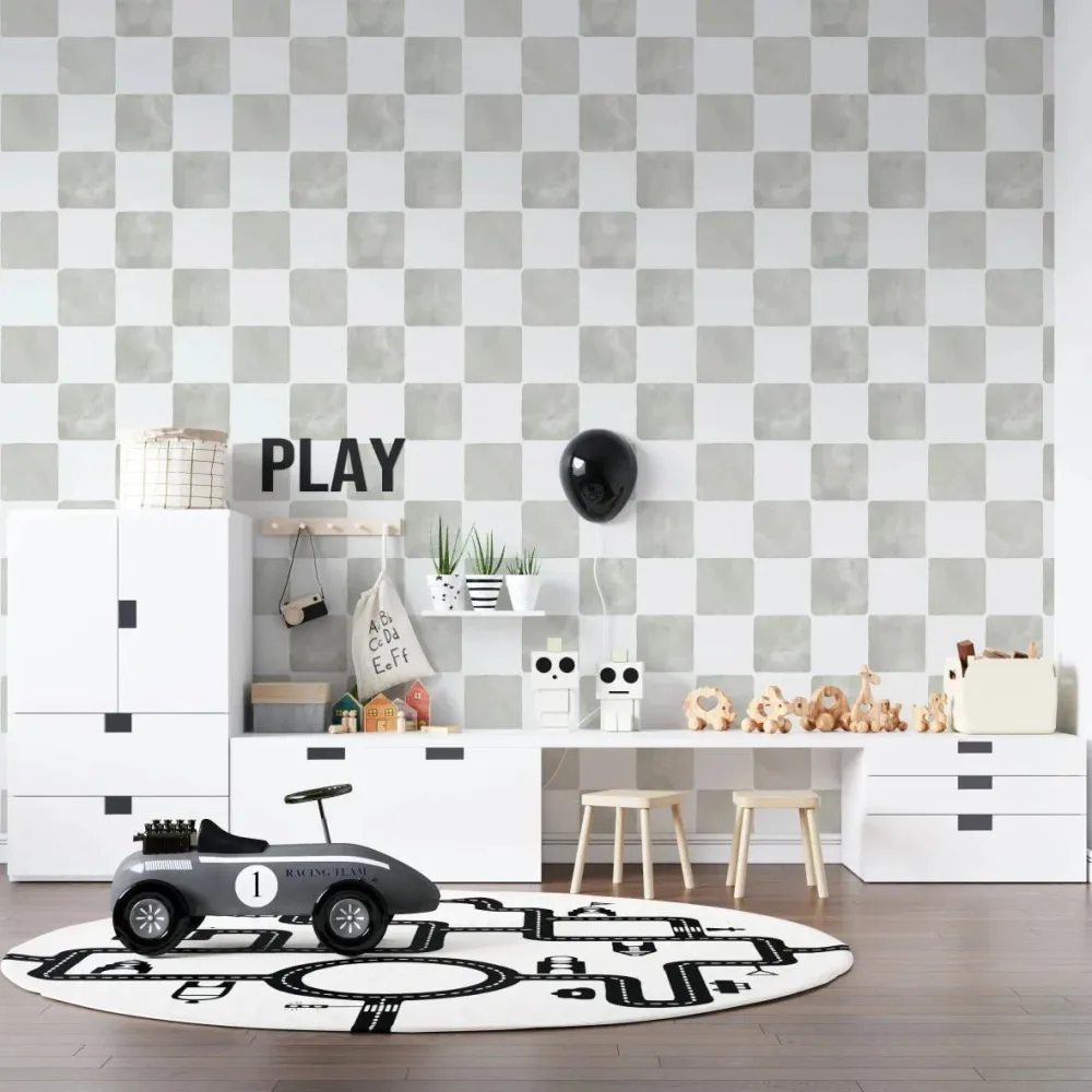 Papel de Parede Quarto Infantil com Padrão Repetido - Xadrez Billys | Sage
