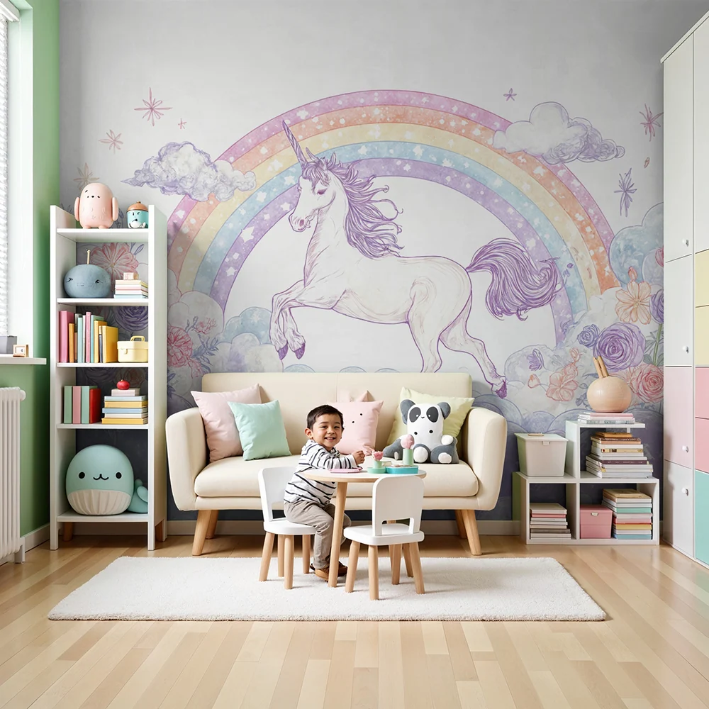 Papel de parede Unicórnio Arco-íris | Céu Encantado e Flores Pastel