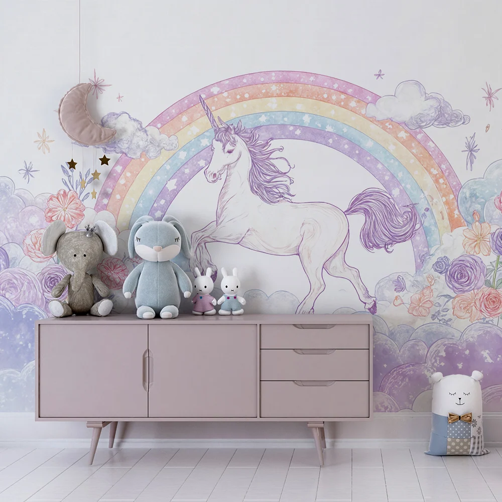 Papel de parede Unicórnio Arco-íris | Céu Encantado e Flores Pastel