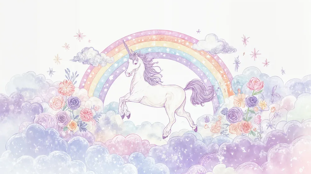 Papel de parede Unicórnio Arco-íris | Céu Encantado e Flores Pastel