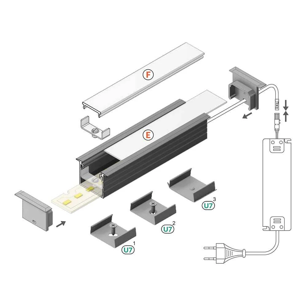 Perfil de encastrar de 200 cm de profundidade em alumínio anodizado sem tampa para fitas LED