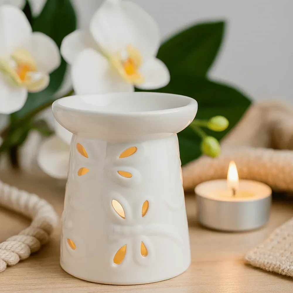 Queimador de Óleo Cerâmico Branco com Design de Libélula