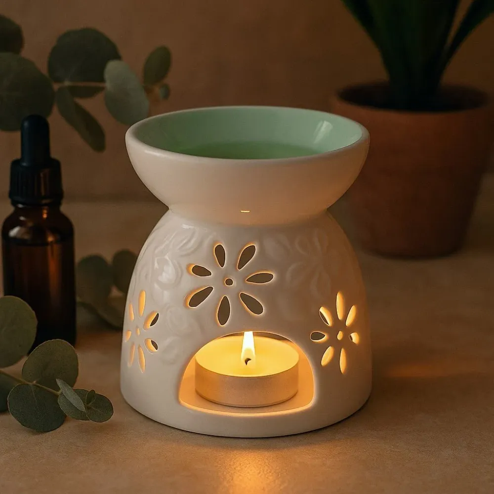 Queimador de Óleo Cerâmico Branco – Floral Teal Well