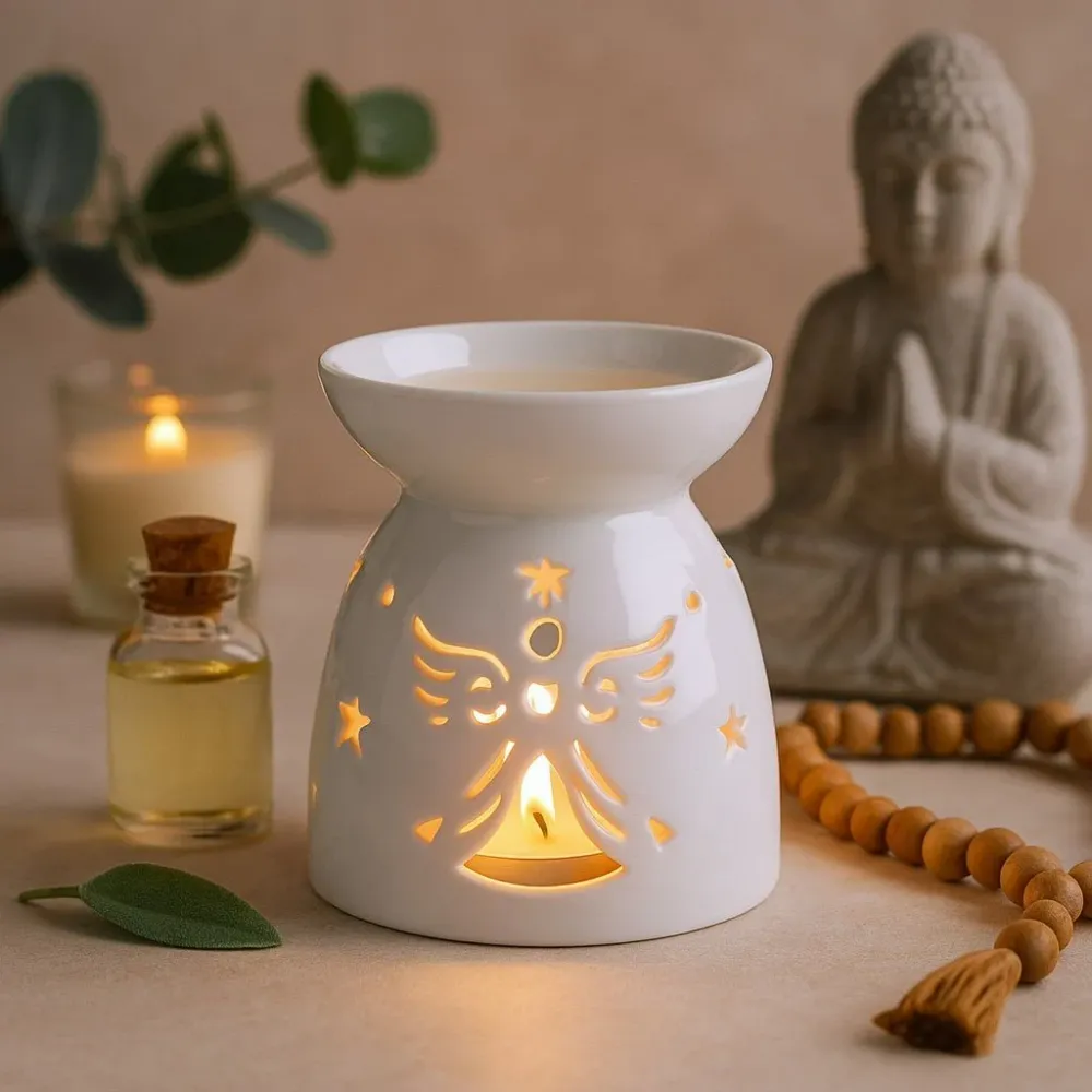 Queimador de Óleo Vela Tealight Anjo Recortado Branco