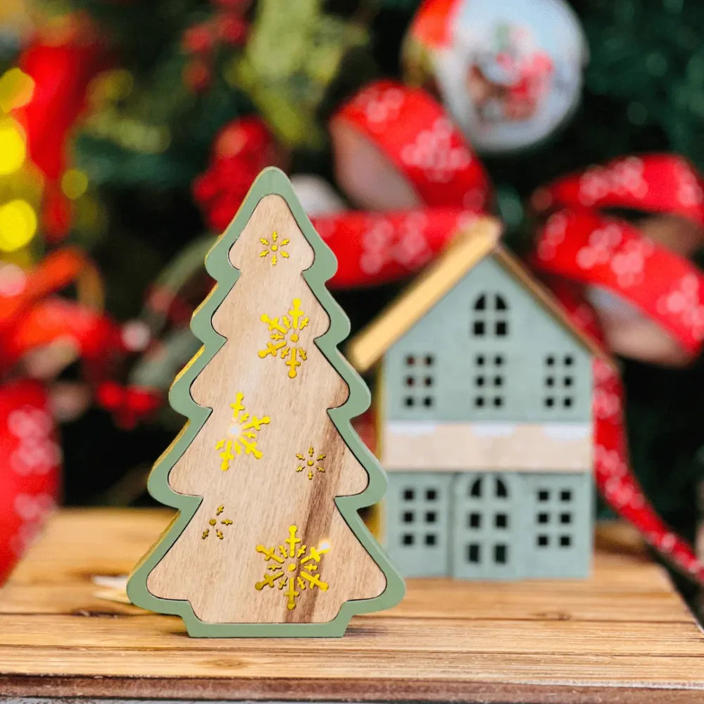 Árvore Natalina Flocos de Neve Verde Com Led 12x2x20cm