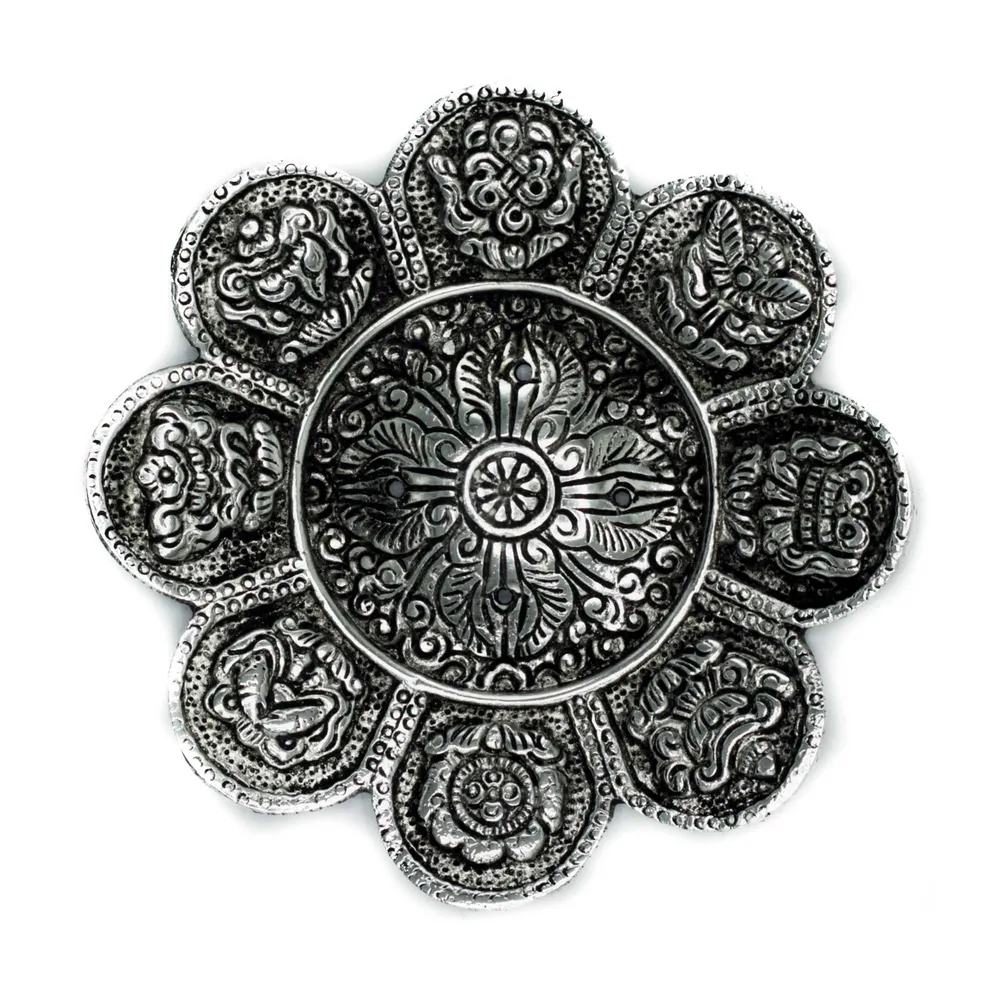 Suporte de Incenso Símbolos Tibetanos Alumínio Polido 12cm