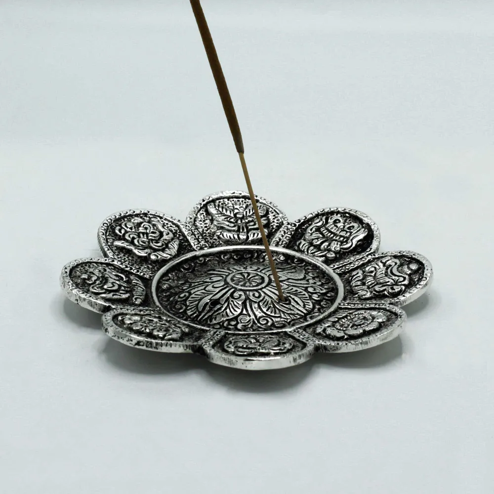 Suporte de Incenso Símbolos Tibetanos Alumínio Polido 12cm