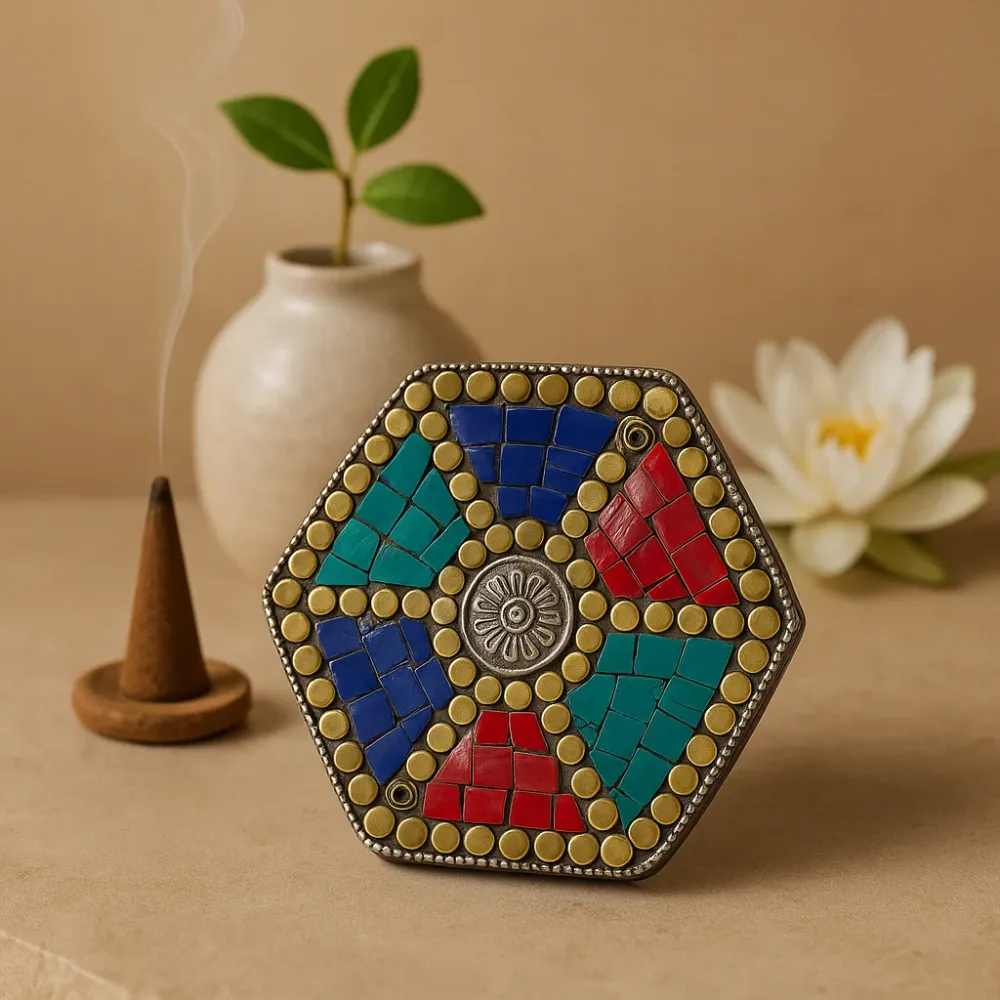 Suporte para Incenso Cone e Vareta Hexagonal Cerâmica Tibetana