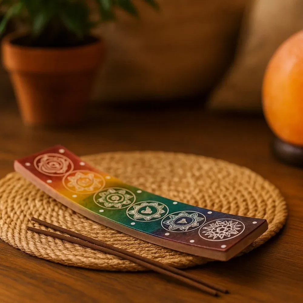 Suporte para Incenso em Pedra de Sabão Sete Chakras 26x5cm