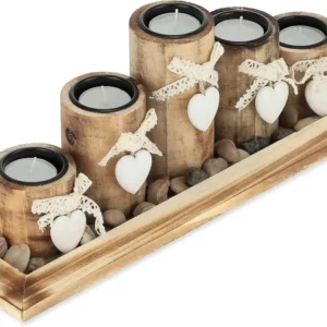 Suporte de velas com bandeja e pedras decorativas, 39,5 cm de comprimento, 5 castiçais, centro para sala de estar e sala d...