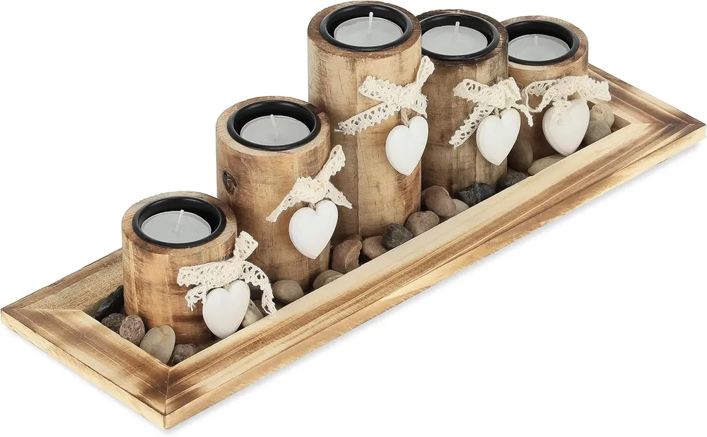 Suporte de velas com bandeja e pedras decorativas, 39,5 cm de comprimento, 5 castiçais, centro para sala de estar e sala d...