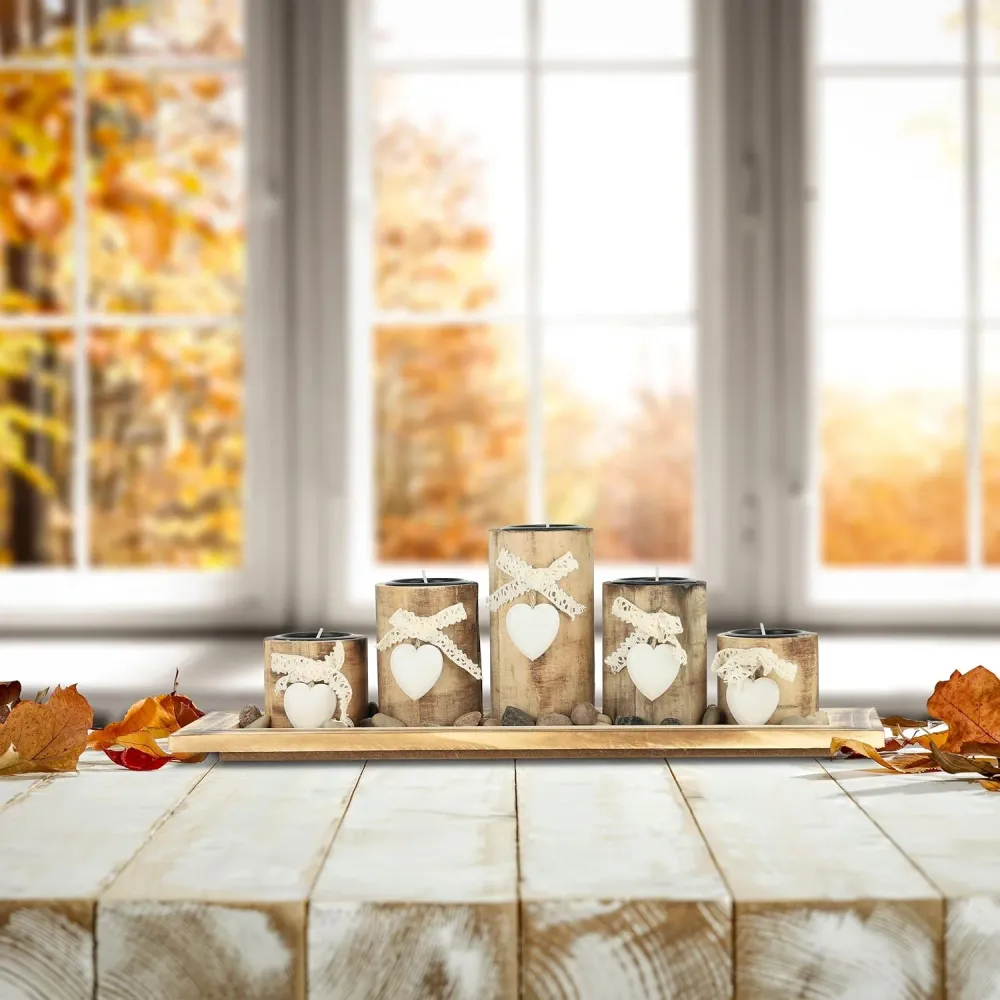 Suporte de velas com bandeja e pedras decorativas, 39,5 cm de comprimento, 5 castiçais, centro para sala de estar e sala d...