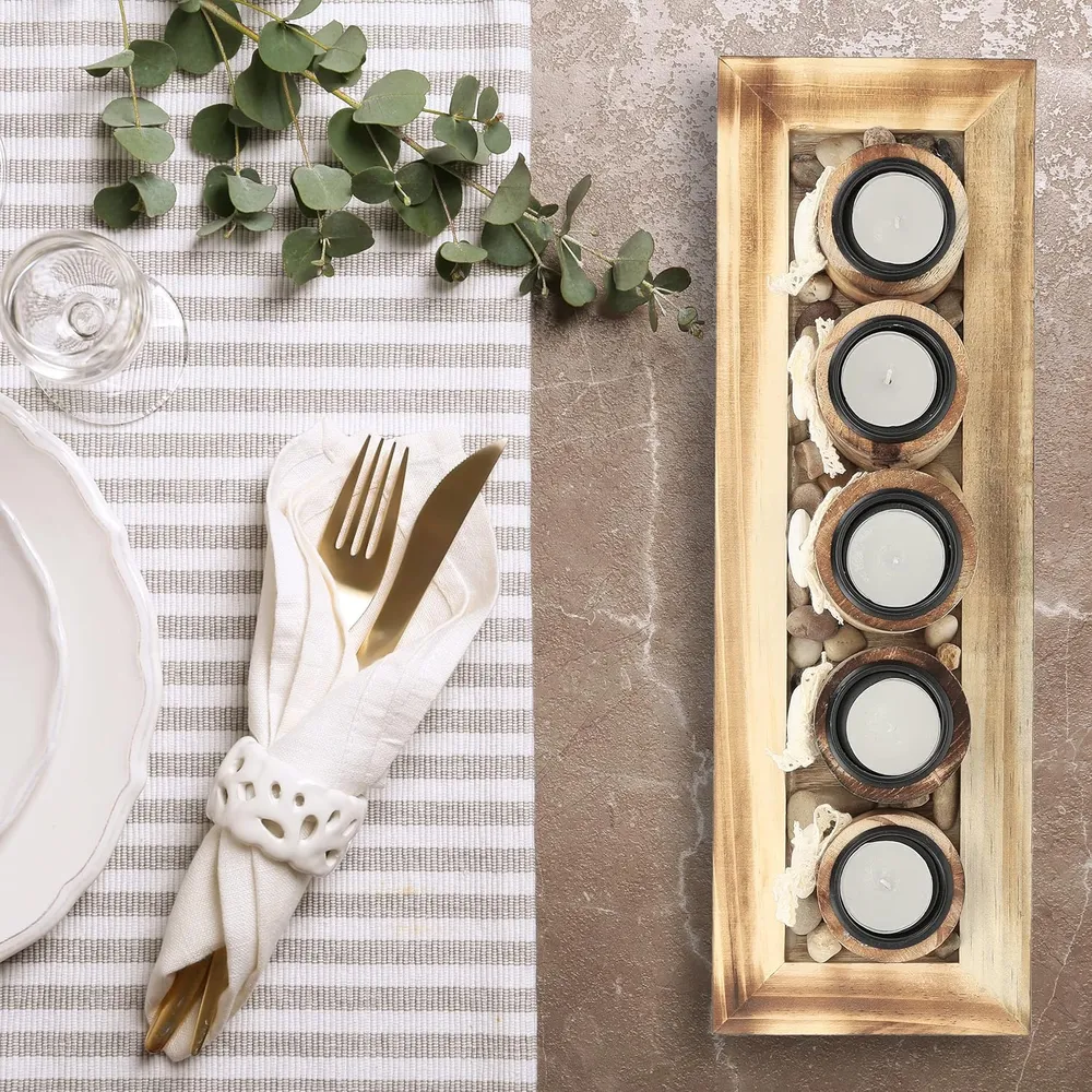 Suporte de velas com bandeja e pedras decorativas, 39,5 cm de comprimento, 5 castiçais, centro para sala de estar e sala d...