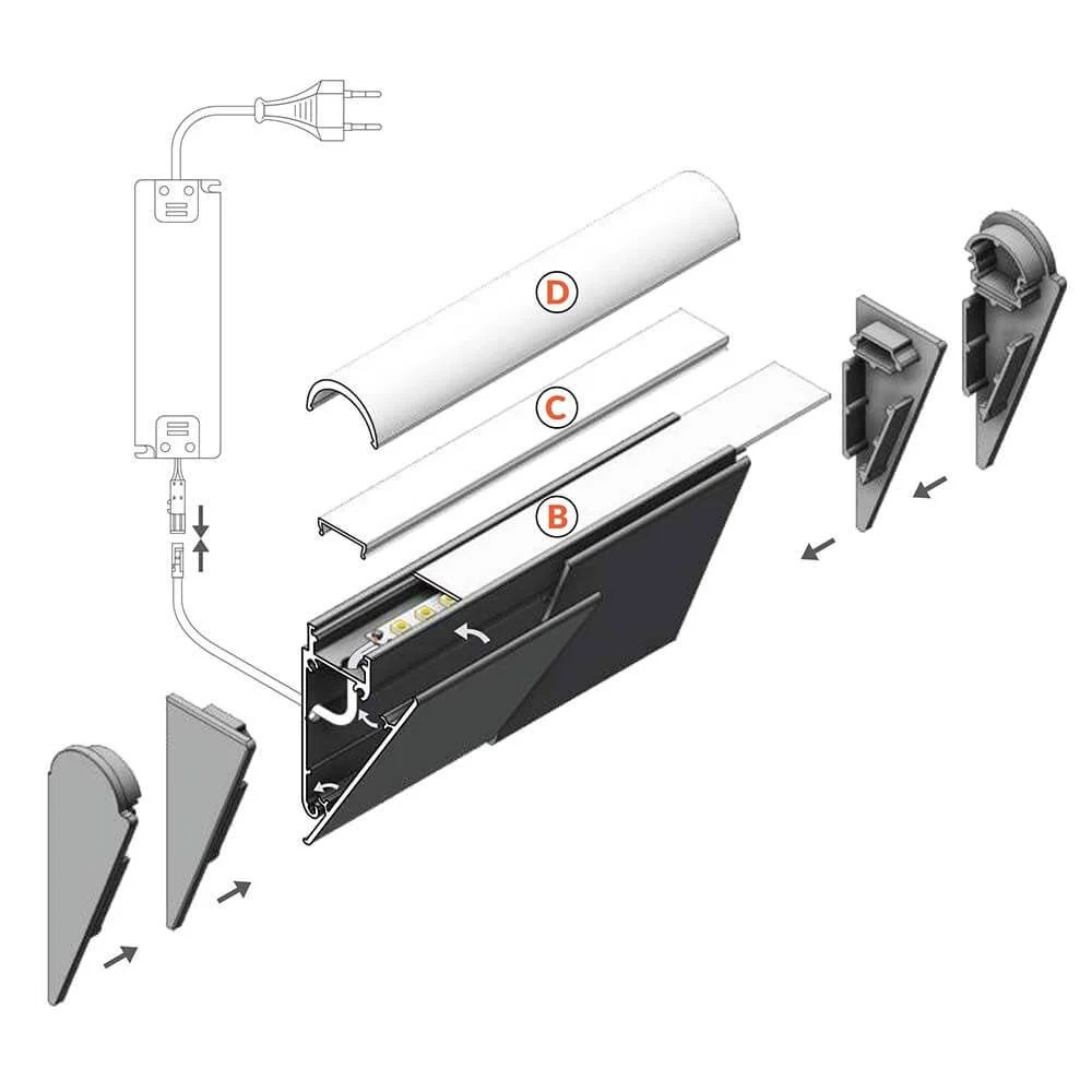 Tampa lateral de 200 cm em alumínio anodizado para perfil de parede angular de montagem na superfície