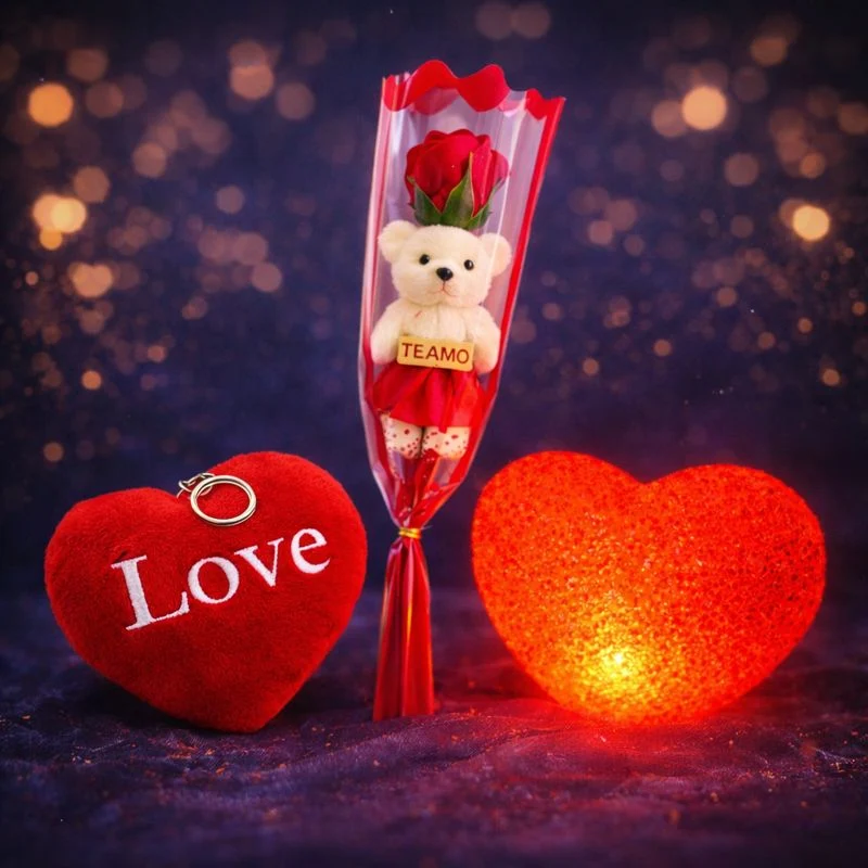 Trio Romântico - Candeeiro Coração + Rosa com Ursinho + Porta-chaves Coração Love