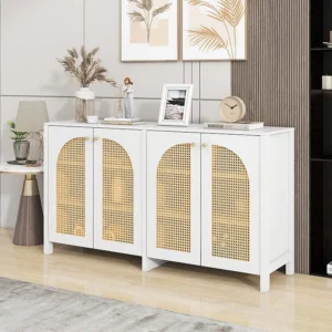 Aparador com 4 portas de rattan - 145 x 40 x 80 cm - Madeira MDF e aglomerado - branco + cor carvalho