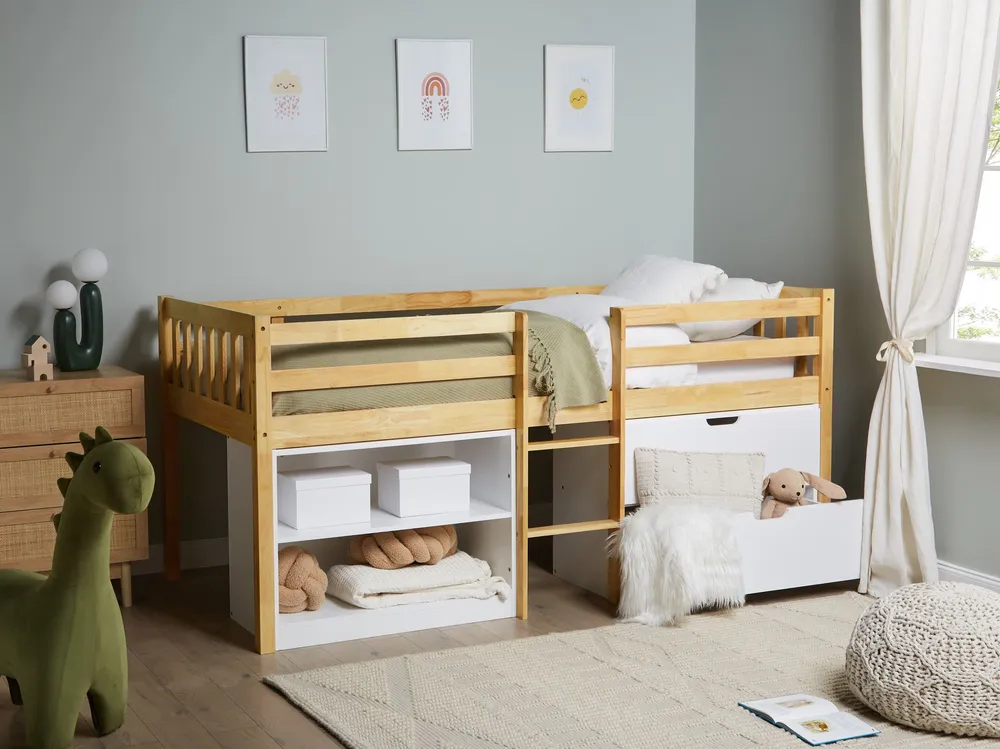 Wooden Kids Mid Sleeper Bed Storage EU Single Size Light Wood SUSVILLE