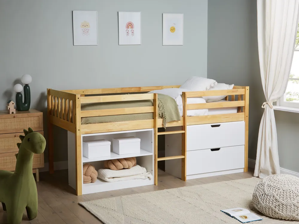 Wooden Kids Mid Sleeper Bed Storage EU Single Size Light Wood SUSVILLE