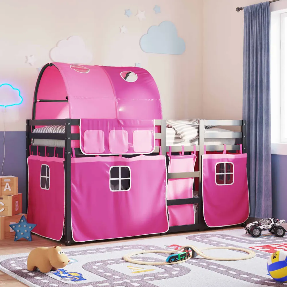 Beliche com cortinas 90x190 cm madeira de pinho maciç rosa | Ajustável | Macio