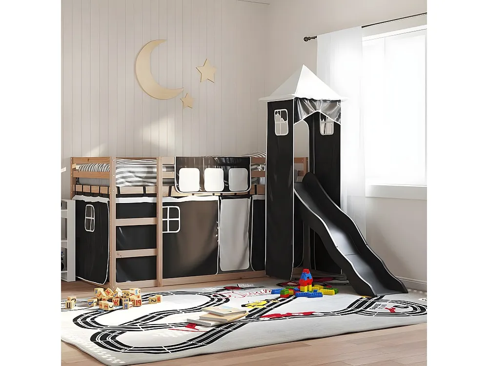 Beliche com escorrega e cortinas 90x200 cm branco e preto com Alç