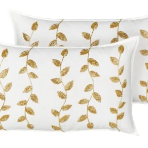 Conjunto de 2 almofadas decorativas com comum de folhas em algodão branco e dourado 30 x 50 cm NERIUM